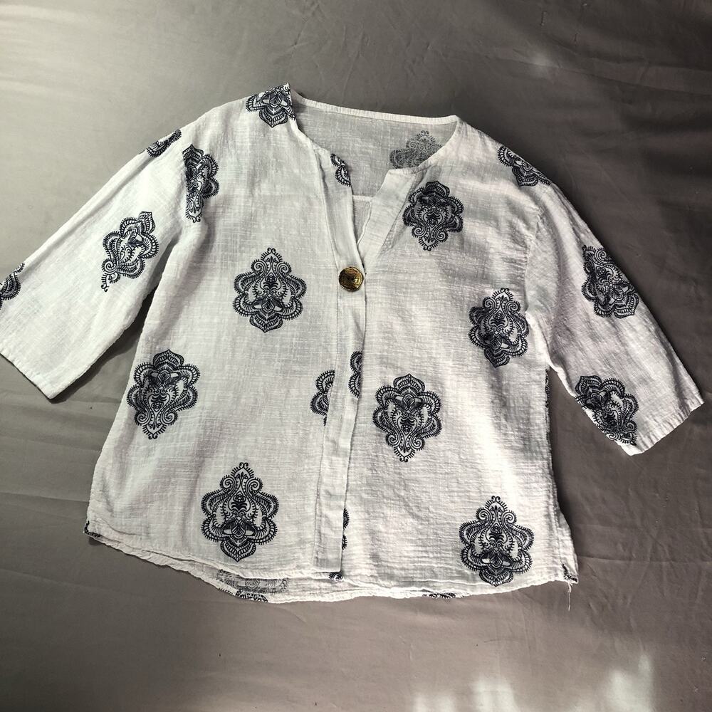 Lagenlook Tunic Top 100% Cotton Sz L Made in Italy White Artsy Peasant Vacation - Picture 8 of 8